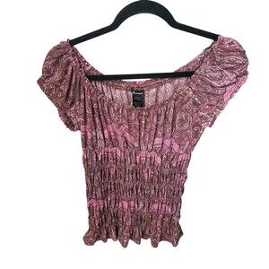 Delusional Womens Sz L Brown Pink Geometric Cap Sleeve Blouse